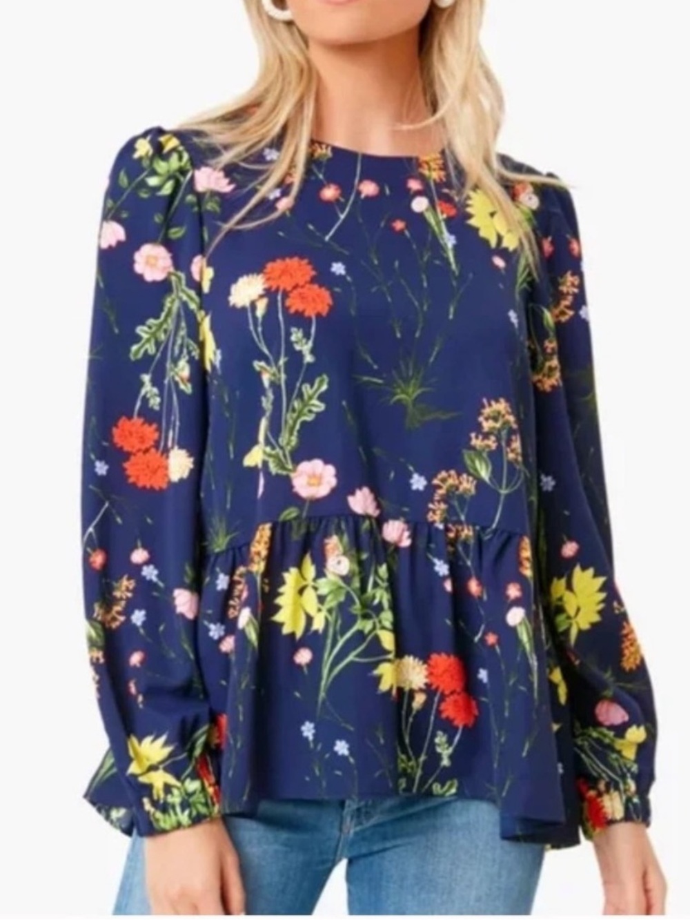 Pomander Place "Carlota" Navy Blue Wildflowers Long Sleeve Peplum Blouse - Picture 3 of 14